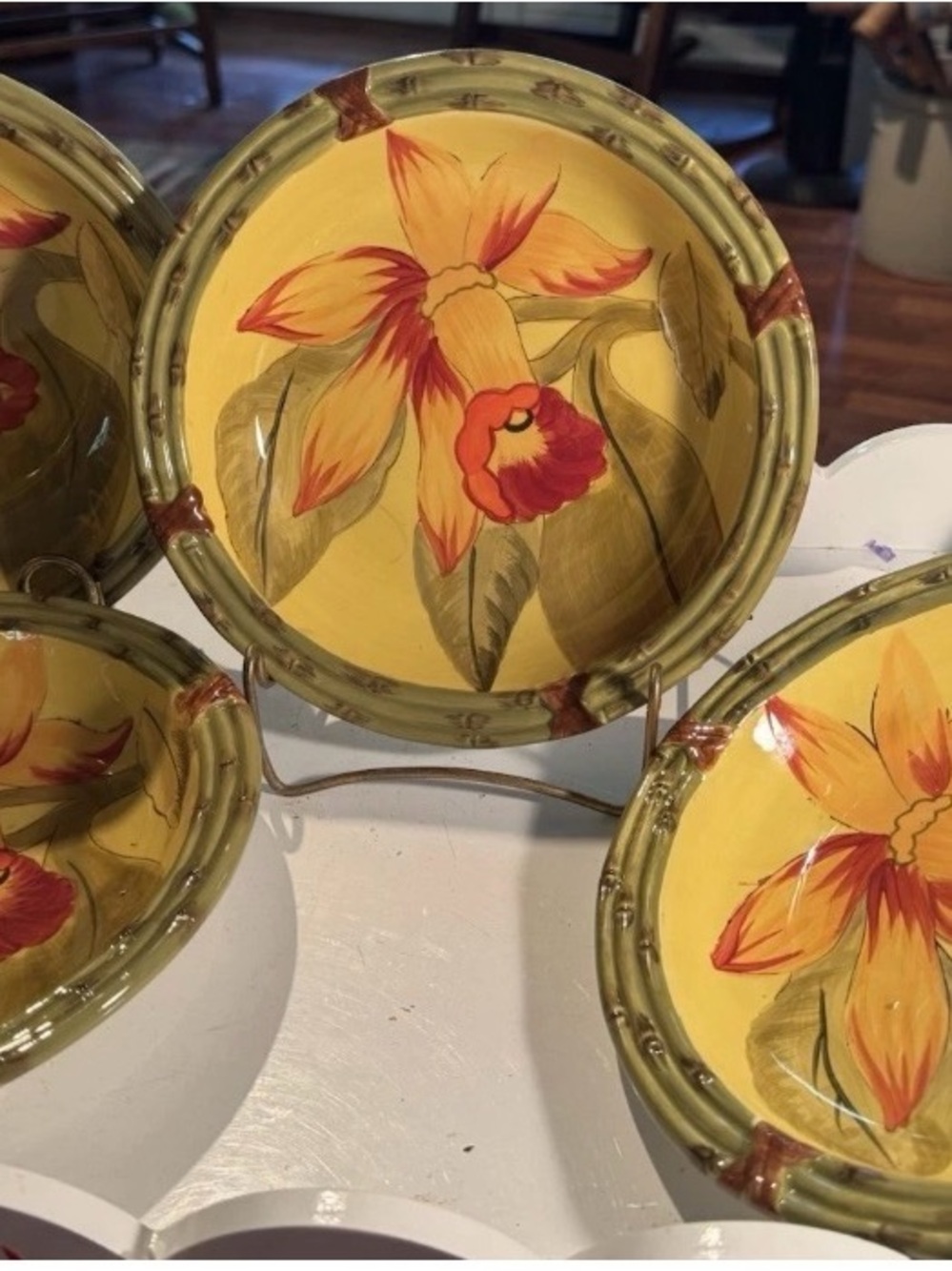 4 Raymond Waites Amazon Flower Bamboo 9 “ Bowls.  Beautiful.   Mint.